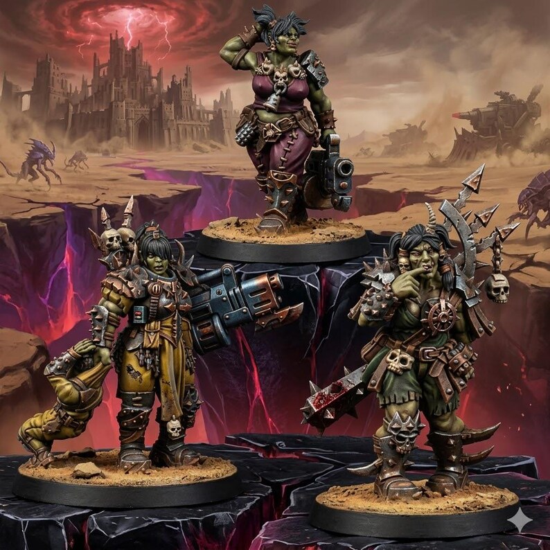 K&ouml;nnte beinhalten: Drei gr&uuml;nh&auml;utige Ork-Krieger-Miniaturen auf runden Sockeln. Die Figuren tragen dunkle R&uuml;stungen mit Totenkopf-Verzierungen, f&uuml;hren schwere Waffen und sind detailliert bemalt. Jede Figur ist dynamisch positioniert und zeigt metallische Texturen, Lederriemen und robuste Ausr&uuml;stung.