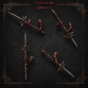 May include: Four miniature spears with two handles, each featuring a sharp metallic blade, a dark brown braided shaft, and red armor accents. The text 'Two handle spears 3' is centered at the top of the image, framed by decorative corner borders.
