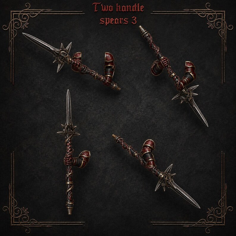 May include: Four miniature spears with two handles, each featuring a sharp metallic blade, a dark brown braided shaft, and red armor accents. The text 'Two handle spears 3' is centered at the top of the image, framed by decorative corner borders.