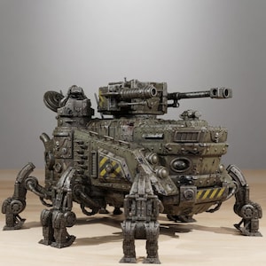 Op de afbeelding: Een verweerd olijfgroen militair tankmodel met vier mechanische poten, voorzien van een draaibare koepel met een lang kanon, geel-zwarte waarschuwingsstrepen aan de zijkant en voorkant, en kleine schedelemblemen op de bepantsering.