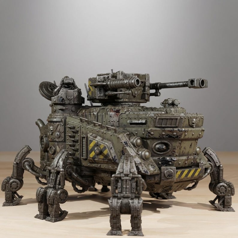 Op de afbeelding: Een verweerd olijfgroen militair tankmodel met vier mechanische poten, voorzien van een draaibare koepel met een lang kanon, geel-zwarte waarschuwingsstrepen aan de zijkant en voorkant, en kleine schedelemblemen op de bepantsering.