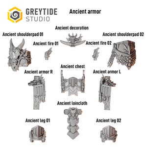 Peut inclure: Un ensemble de composants d'armure miniatures en r&eacute;sine grise &eacute;tiquet&eacute;s Greytide Studio Ancient armor. Comprend des &eacute;paulettes, des accents de feu, une pi&egrave;ce de poitrine, un pagne et des plaques de jambe avec des textures d&eacute;taill&eacute;es.