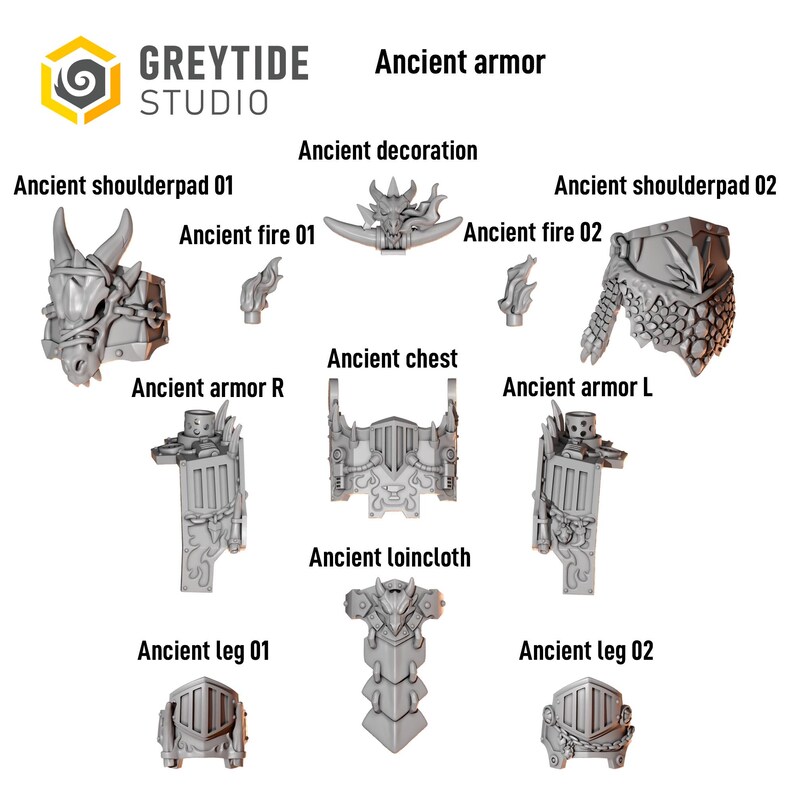 Peut inclure: Un ensemble de composants d'armure miniatures en r&eacute;sine grise &eacute;tiquet&eacute;s Greytide Studio Ancient armor. Comprend des &eacute;paulettes, des accents de feu, une pi&egrave;ce de poitrine, un pagne et des plaques de jambe avec des textures d&eacute;taill&eacute;es.