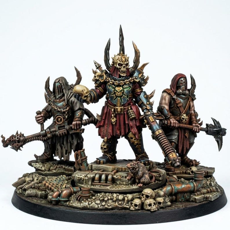 Pu&ograve; includere: Un trio di miniature dipinte su una base circolare. La figura centrale indossa un'armatura a tema teschio e tiene in mano un teschio. Le figure laterali includono una figura incappucciata con una mazza e un'altra con maschera antigas e arma inastata.