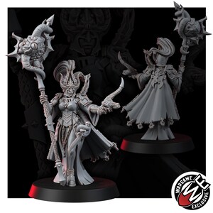 May include: A gray resin miniature figure featuring a warrior in ornate armor with a tall, horned helmet, holding a staff topped with a large, singular eye and a curved blade. The figure is shown from both front and back views on black circular bases.