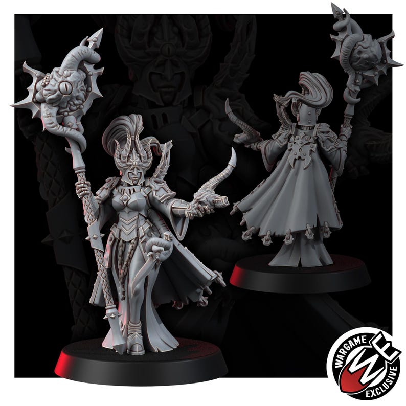 May include: A gray resin miniature figure featuring a warrior in ornate armor with a tall, horned helmet, holding a staff topped with a large, singular eye and a curved blade. The figure is shown from both front and back views on black circular bases.