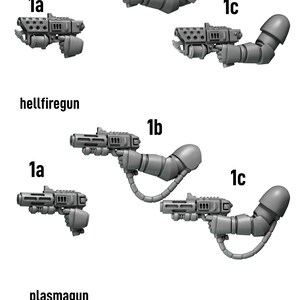 May include: A collection of grey miniature weapon parts labeled Greytide Studio, including flamergun, hellfiregun, and plasmagun variants. Each set features 1a, 1b, and 1c configurations, showing various pistol-style weapons with attached arm segments.