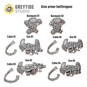 May include: Grey Tide Studio Grav armor hellfireguns set featuring two grey resin backpacks, four distinct grey resin guns, and four matching grey resin cables. Each component is labeled with text identifiers like Backpack 01, Gun 01, and Cable 01.