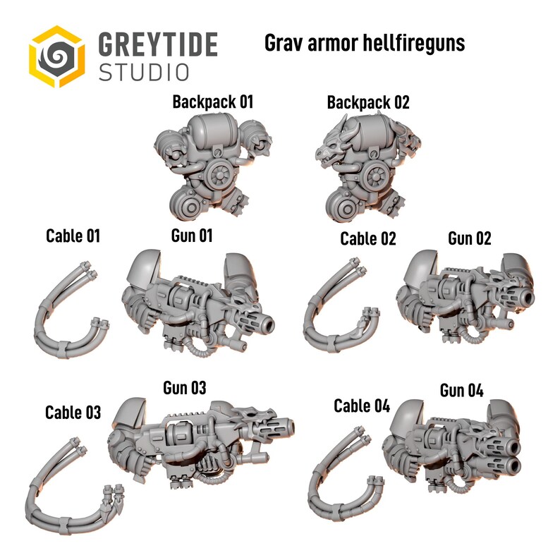 May include: Grey Tide Studio Grav armor hellfireguns set featuring two grey resin backpacks, four distinct grey resin guns, and four matching grey resin cables. Each component is labeled with text identifiers like Backpack 01, Gun 01, and Cable 01.