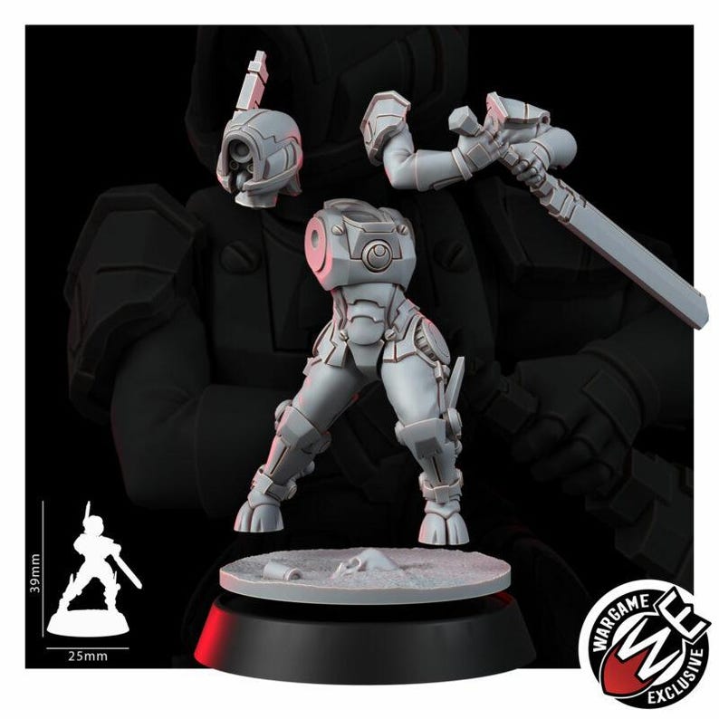 May include: A light gray unpainted resin miniature of a futuristic soldier in segmented armor, featuring a separate helmet, torso, and arm with a sword. A scale graphic shows a height of 39mm and a base diameter of 25mm for the assembled figure.