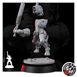 May include: A grey resin miniature figure kit featuring a helmeted head, a torso, and an arm holding a rectangular blade weapon. The figure stands on a circular base. A scale reference shows a height of 46mm and a base diameter of 25mm.
