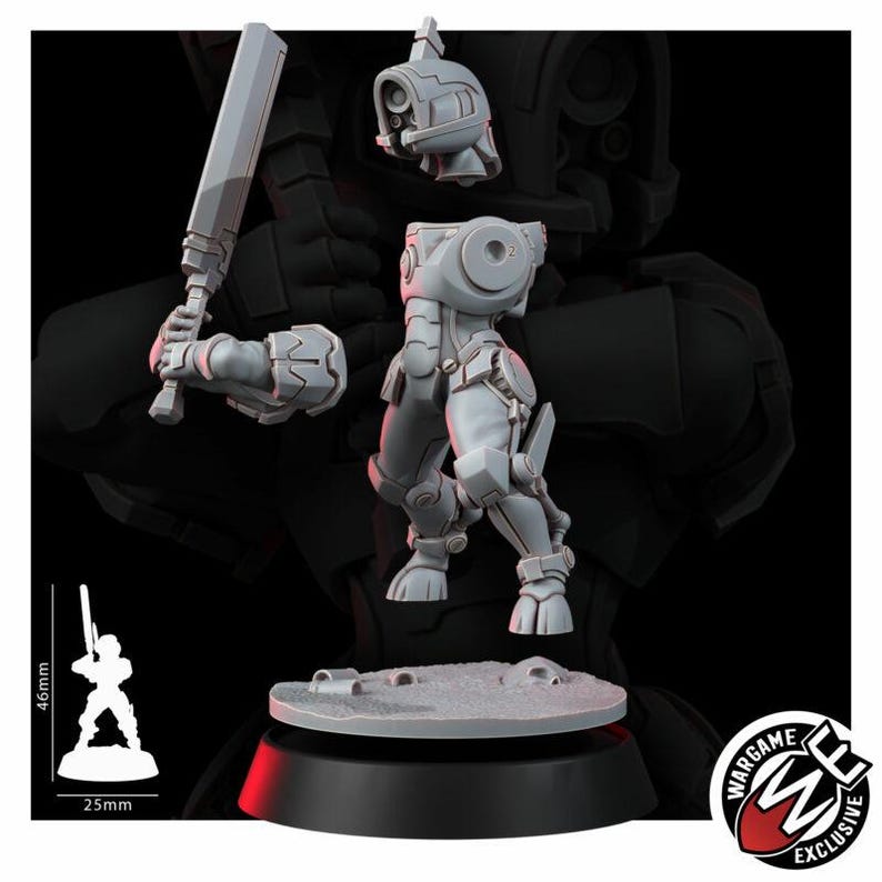 May include: A grey resin miniature figure kit featuring a helmeted head, a torso, and an arm holding a rectangular blade weapon. The figure stands on a circular base. A scale reference shows a height of 46mm and a base diameter of 25mm.