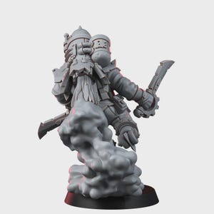May include: A gray unpainted miniature figure of a warrior equipped with a jetpack, holding two curved blades. The jetpack emits a large plume of sculpted smoke at the base, and the figure is mounted on a circular black display stand.