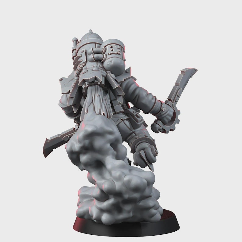 May include: A gray unpainted miniature figure of a warrior equipped with a jetpack, holding two curved blades. The jetpack emits a large plume of sculpted smoke at the base, and the figure is mounted on a circular black display stand.