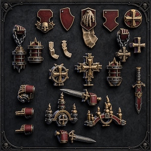 K&ouml;nnte beinhalten: Eine Sammlung von Miniatur-Kunststoffkomponenten mit metallisch goldenen und tiefroten Oberfl&auml;chen. Das Set enth&auml;lt verschiedene Schilde, Handschuhe, Schwerter, Dolche, Kreuze und dekorative architektonische Elemente auf dunklem Grund.