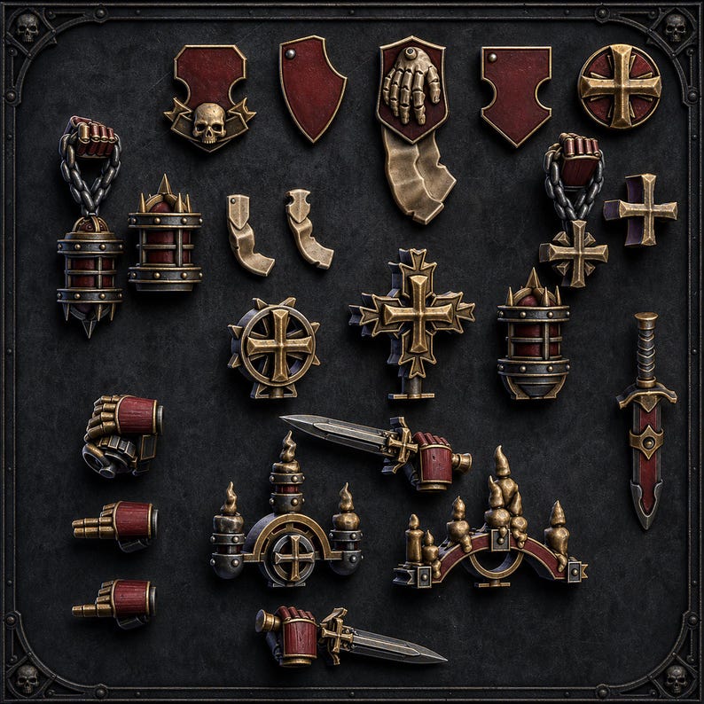 K&ouml;nnte beinhalten: Eine Sammlung von Miniatur-Kunststoffkomponenten mit metallisch goldenen und tiefroten Oberfl&auml;chen. Das Set enth&auml;lt verschiedene Schilde, Handschuhe, Schwerter, Dolche, Kreuze und dekorative architektonische Elemente auf dunklem Grund.