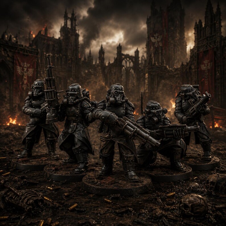 May include: A squad of five dark-armored miniature soldiers standing on circular bases, wearing gas masks and helmets, holding heavy rifles and blasters, set against a backdrop of a ruined gothic city with dark, smoky, and fiery atmospheric effects.