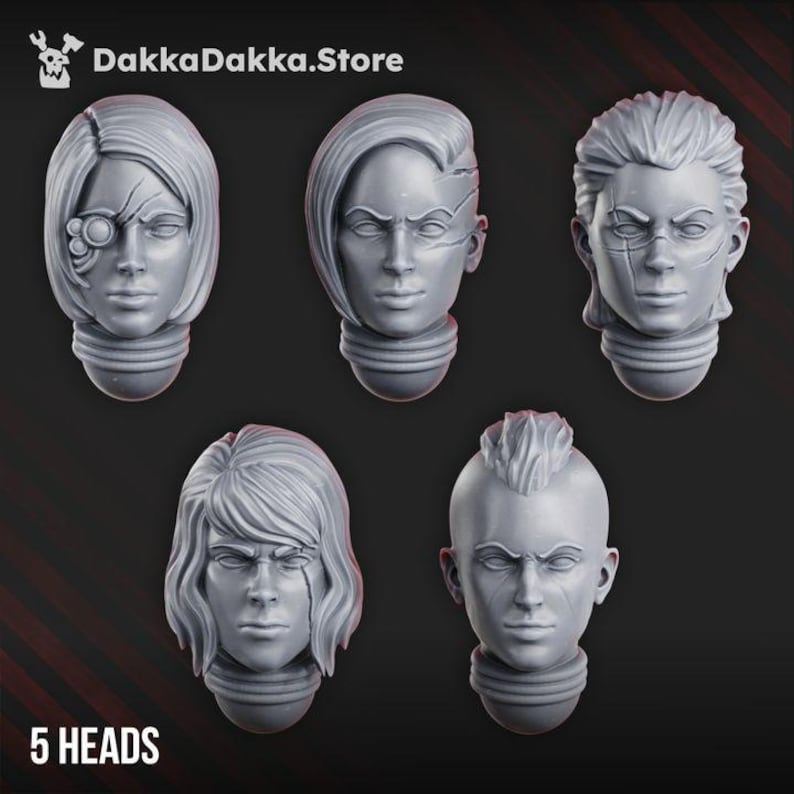 May include: Five grey miniature resin heads with distinct hairstyles and facial features, including scars and a cybernetic eye piece. The text DakkaDakka.Store and 5 HEADS are visible. Each head features a neck joint for attachment to a model body.