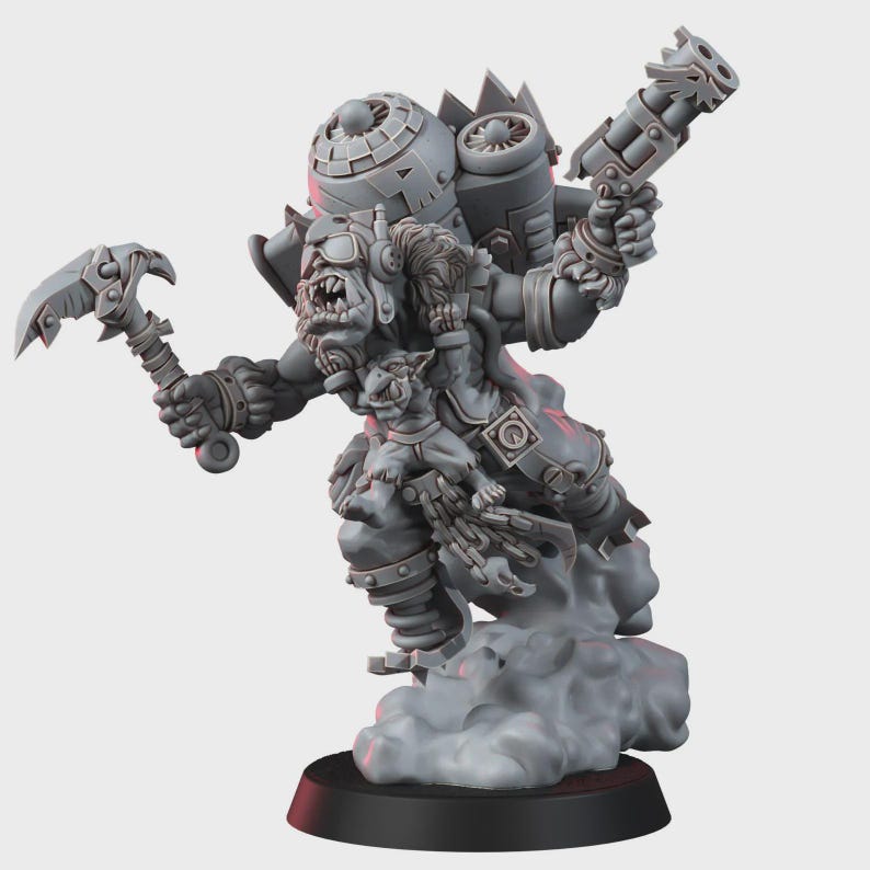May include: A gray miniature figure of an orc with a jetpack, wearing goggles and holding a pickaxe and a pistol. A small creature is attached to the orc's chest. The figure is mounted on a black circular base, surrounded by sculpted smoke.