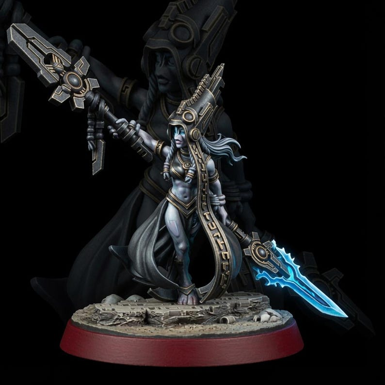 May include: A miniature figurine of a pale-skinned warrior wearing a tall, ornate headdress and dark metallic armor. The figure holds a long staff with a glowing blue energy blade and stands on a textured stone base with a red circular trim.