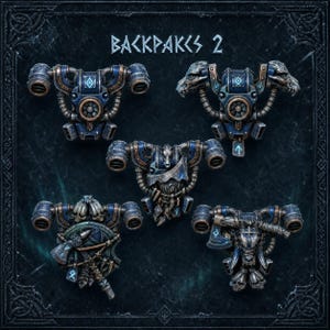 May include: Five miniature sci-fi jetpack accessories for tabletop gaming figures, arranged in a set labeled BACKPAKS 2. Each unit features metallic blue and bronze tones, intricate mechanical tubing, exhaust vents, and unique Norse-inspired runes.