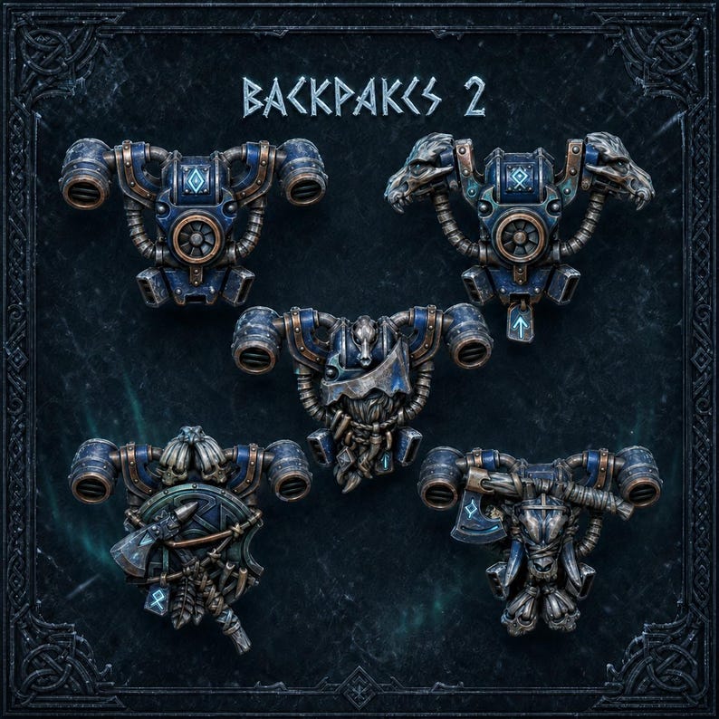 May include: Five miniature sci-fi jetpack accessories for tabletop gaming figures, arranged in a set labeled BACKPAKS 2. Each unit features metallic blue and bronze tones, intricate mechanical tubing, exhaust vents, and unique Norse-inspired runes.