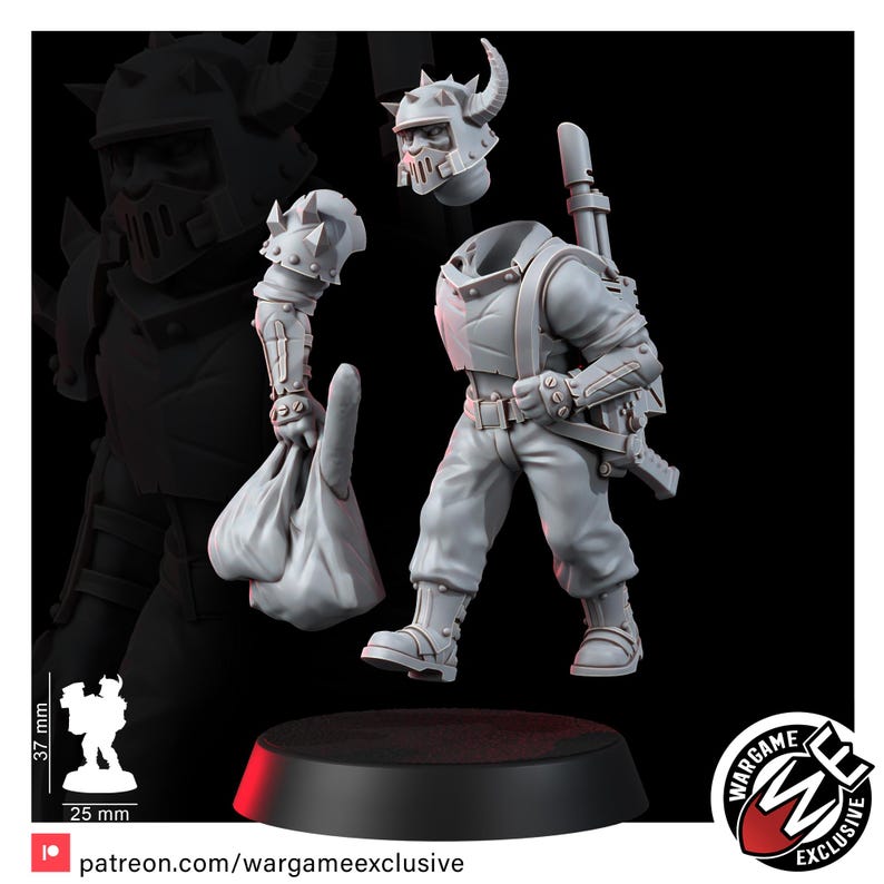 May include: A light gray resin miniature figure of a soldier wearing a horned helmet, carrying a large sack in one hand and a rifle on the back. The figure stands on a circular base, with a scale indicator showing a height of 37 mm and width of 25 mm.