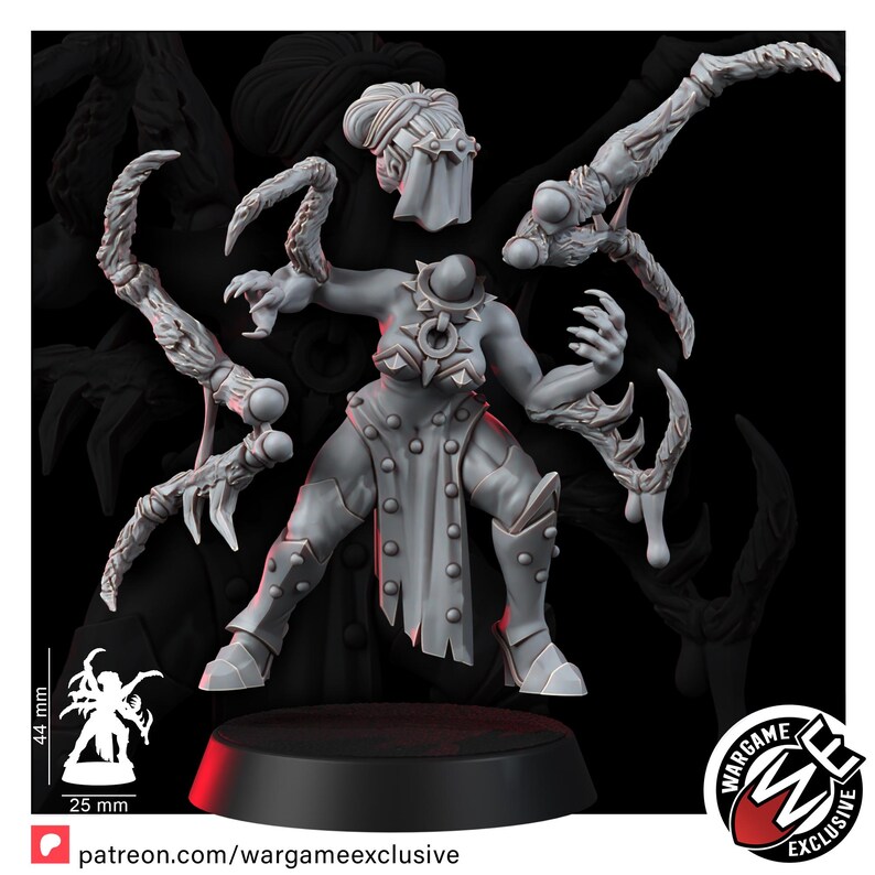 May include: A grey resin miniature figure featuring a central torso with a spiked collar, a separate head with a veil, and multiple clawed limbs. The figure stands on a circular base, with a 44 mm height and 25 mm width indicated by a scale graphic.