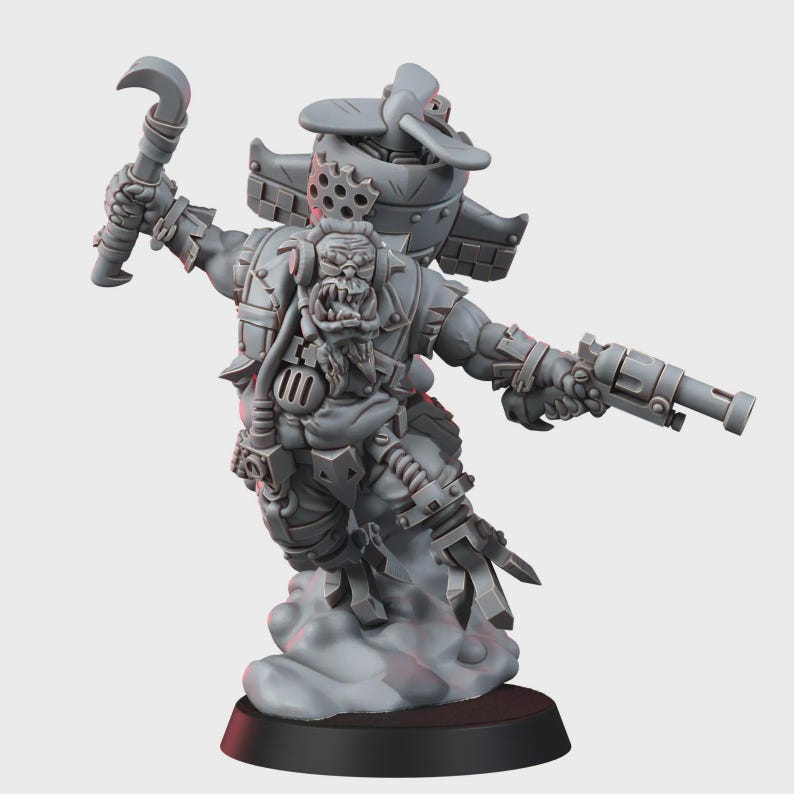 May include: A gray unpainted miniature figure of a humanoid creature with tusks, wearing a flight cap and goggles. The figure holds a curved wrench in one hand and a pistol in the other, with a small airplane propeller mounted on its back.