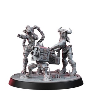 May include: A grey miniature figurine set featuring two figures operating a heavy mounted cannon. One figure stands pointing while wearing goggles, and the other stands beside the weapon with horns on their head. Both figures wear armour.