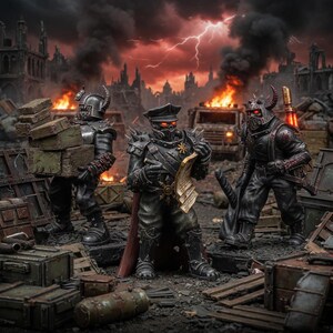 May include: Three armored miniature figures in a war-torn landscape. The left figure carries wooden crates, the center figure wears a military-style uniform with a red cape and holds a document, and the right figure holds a weapon with glowing red eyes.