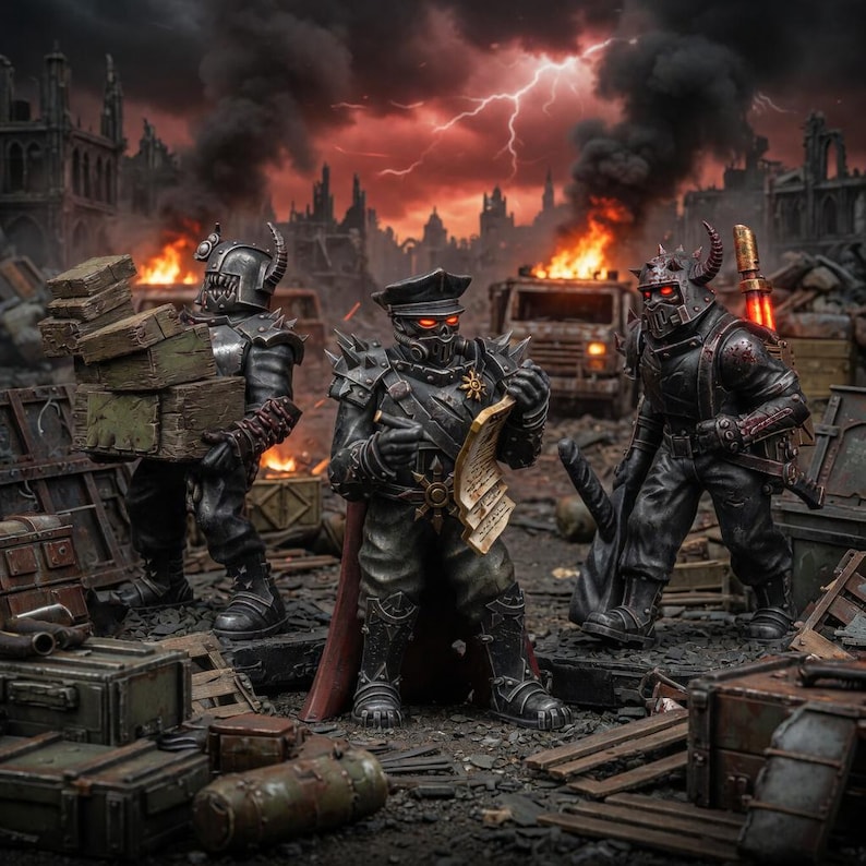 May include: Three armored miniature figures in a war-torn landscape. The left figure carries wooden crates, the center figure wears a military-style uniform with a red cape and holds a document, and the right figure holds a weapon with glowing red eyes.