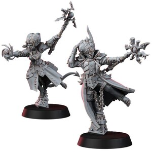 May include: Two unpainted grey plastic miniature figures standing on black circular bases. The left figure holds a staff and has a tail. The right figure wears a mechanical eye piece and holds a star-shaped weapon. Both wear long coats and armor.