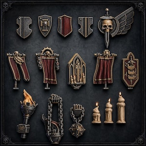 May include: A collection of miniature gothic-themed gaming accessories including various shields, banners with skull motifs, a sword and wing emblem, a torch with flames, chains, and three lit wax candles, all featuring metallic bronze and red accents.