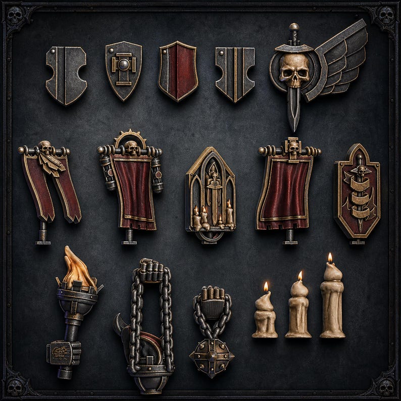 May include: A collection of miniature gothic-themed gaming accessories including various shields, banners with skull motifs, a sword and wing emblem, a torch with flames, chains, and three lit wax candles, all featuring metallic bronze and red accents.