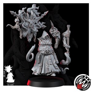 May include: A grey resin miniature figure of a hooded character wearing a studded tunic and skirt, accompanied by a large ornate back banner featuring a skull and flame motifs, a separate armored arm, and a staff. A 68 mm by 32 mm scale reference is shown.