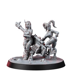 May include: A grey miniature figurine set featuring two female characters standing beside a large mechanical cannon. One character has long hair and a cigar, while the other has pigtails and a playful expression. They stand on a base with skull details.