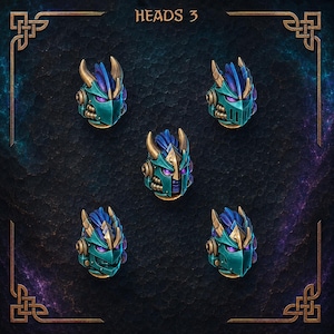 May include: A set of five miniature helmeted heads labeled HEADS 3, featuring teal armor plating, gold accents, and blue crests. Each helmet displays glowing purple eyes and mechanical details, arranged against a dark, textured background.