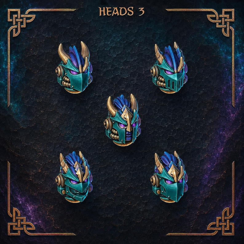May include: A set of five miniature helmeted heads labeled HEADS 3, featuring teal armor plating, gold accents, and blue crests. Each helmet displays glowing purple eyes and mechanical details, arranged against a dark, textured background.