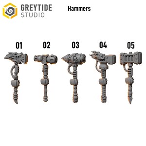 May include: Five grey miniature hammers labelled 01 through 05, featuring distinct head designs including dragon-like, cylindrical, cracked stone, and industrial block styles. Each hammer has a detailed handle with a grip and a small hand component.