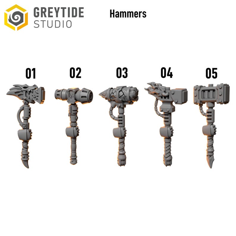 May include: Five grey miniature hammers labelled 01 through 05, featuring distinct head designs including dragon-like, cylindrical, cracked stone, and industrial block styles. Each hammer has a detailed handle with a grip and a small hand component.