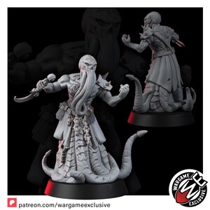 May include: A grey resin miniature figure featuring a humanoid creature with a tentacled face, a skull-like head marking, and a lower body composed of multiple tentacles. The figure wears spiked shoulder armor and holds a curved blade in one hand.
