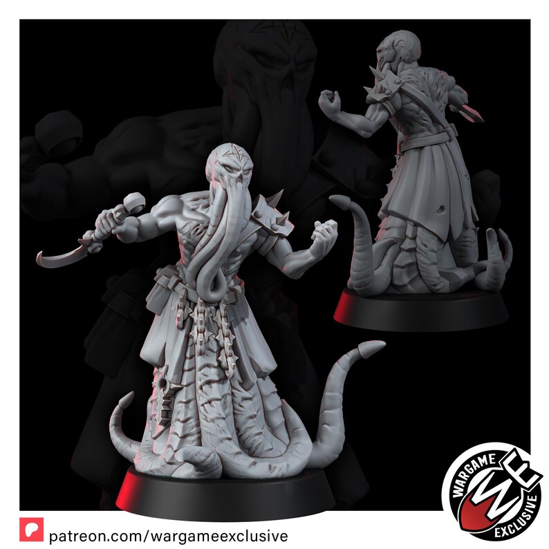 May include: A grey resin miniature figure featuring a humanoid creature with a tentacled face, a skull-like head marking, and a lower body composed of multiple tentacles. The figure wears spiked shoulder armor and holds a curved blade in one hand.
