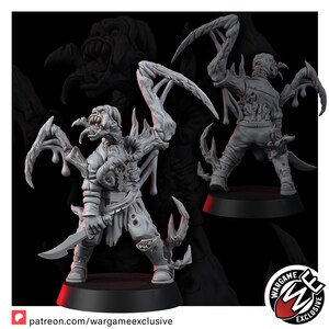 May include: A grey resin miniature figure of a mutated humanoid creature with large, sharp, claw-like appendages extending from its back. The figure features a wide, toothy mouth, a blade held in one hand, and textured, damaged clothing details.