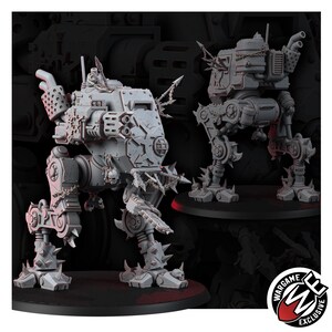 May include: A light gray miniature walker robot featuring a boxy chassis, two mechanical legs with spiked feet, and a mounted weapon system. The model is adorned with chains, spikes, and skull details, standing on a circular base with a Wargame Exclusive logo.