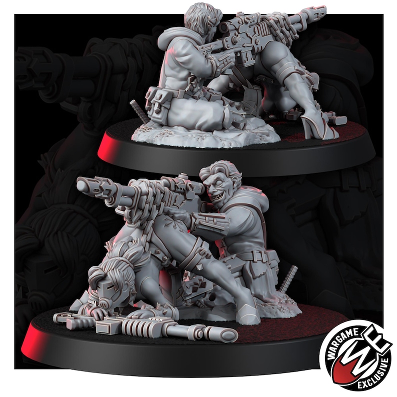 May include: A gray resin miniature set featuring two figures in a combat pose. One figure kneels while aiming a large rifle, while the other figure is positioned in front, also holding a rifle. The base includes the Wargame Exclusive logo.
