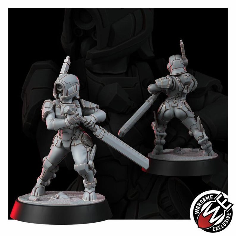 May include: Two grey unpainted miniature figures of a futuristic soldier in tactical armor, each standing on a circular black base. The figures wear helmets with visors and hold a long rectangular blade. A Wargame Exclusive logo is in the corner.