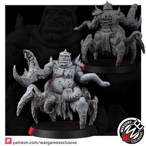 May include: A grey resin miniature figure of a hulking creature with a humanoid head, a large clawed arm, and multiple insect-like legs. The figure features a spiked helmet, a muscular torso with visible ribs, and a tattered loincloth on a round base.