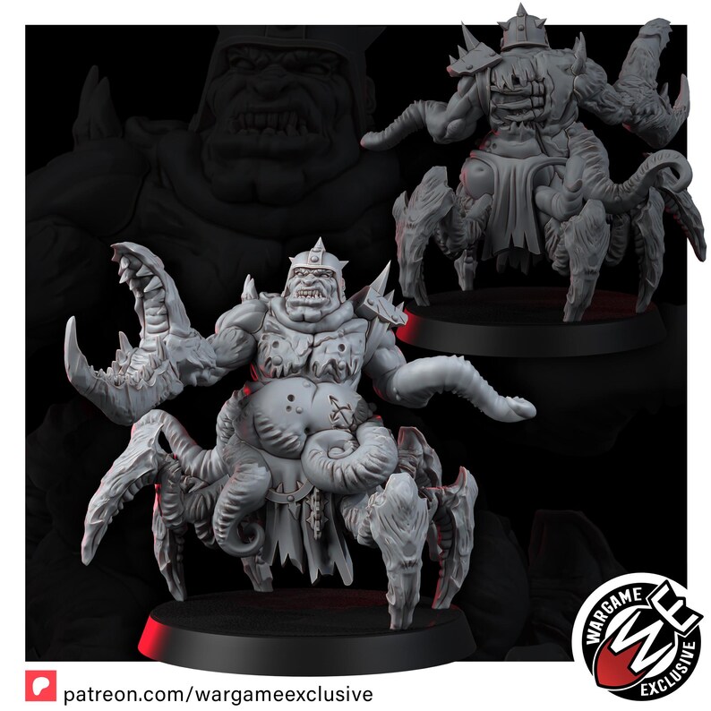 May include: A grey resin miniature figure of a hulking creature with a humanoid head, a large clawed arm, and multiple insect-like legs. The figure features a spiked helmet, a muscular torso with visible ribs, and a tattered loincloth on a round base.