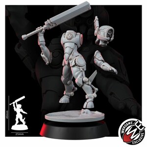 May include: A light gray resin miniature of a futuristic warrior figure with a detached head and arm, holding a large rectangular blade. The figure stands on a circular base. A small diagram shows the total height is 49mm and the base is 25mm.